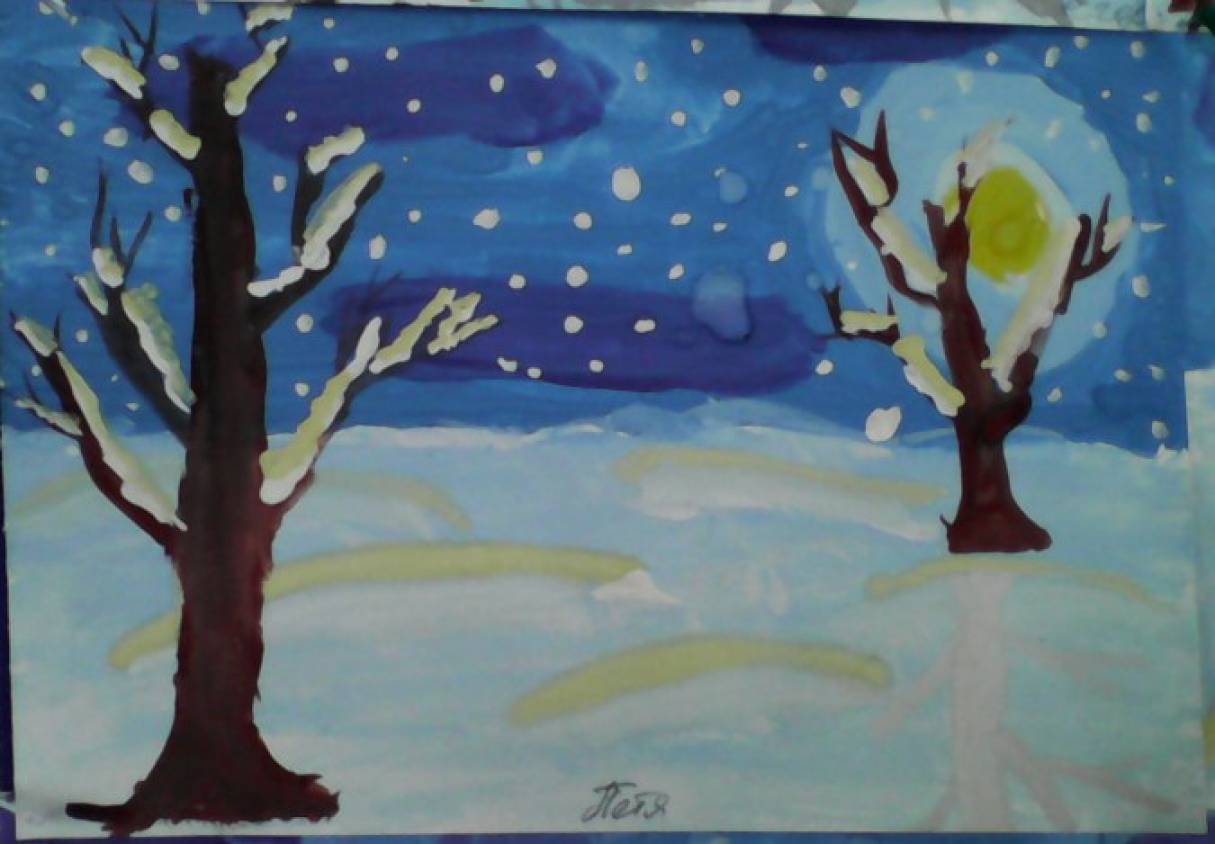 Winter snowy landscape with gouache