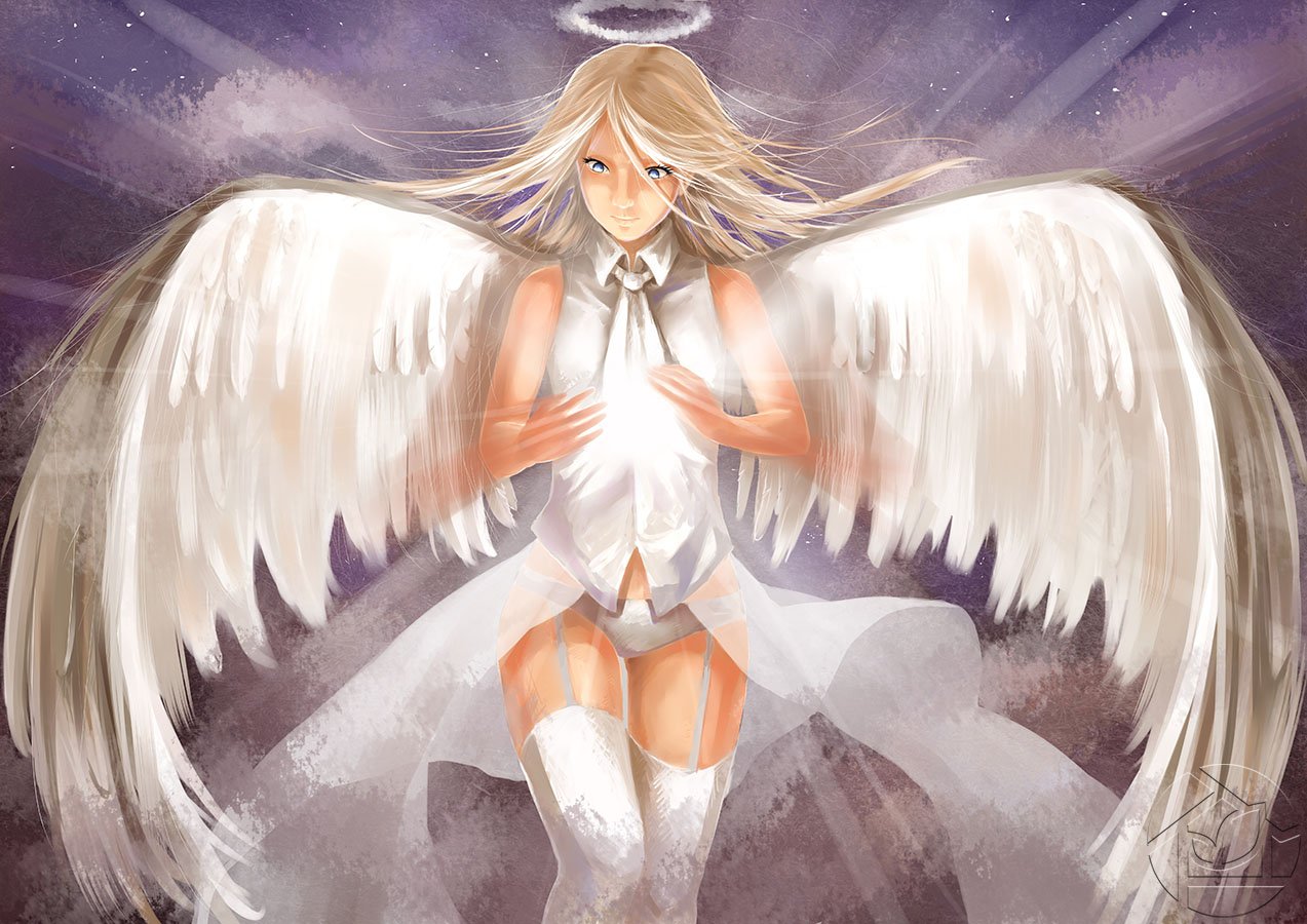 Anime art, elegant girl, angelic halo