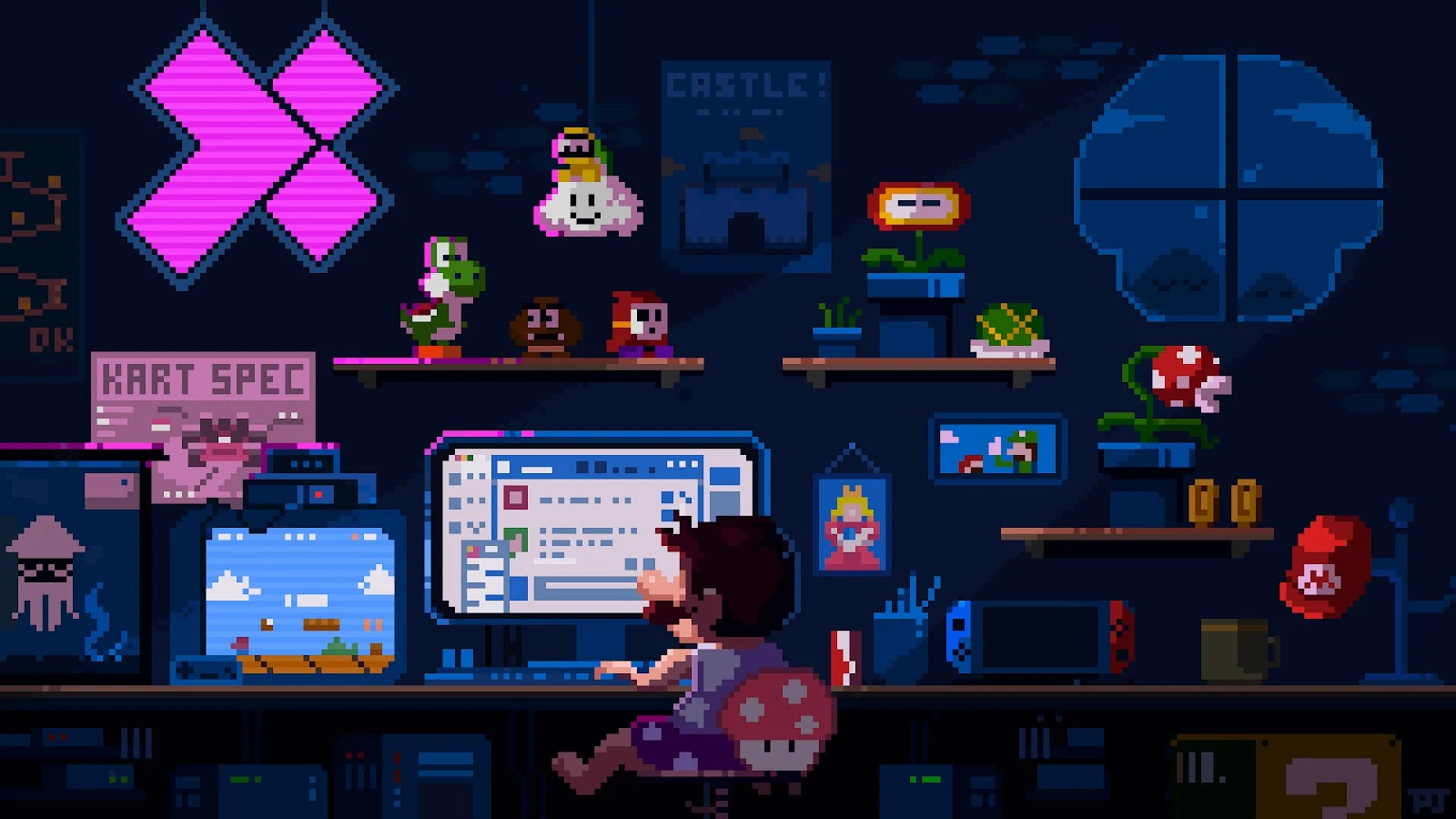 Pixel art style room with desk, pc, and